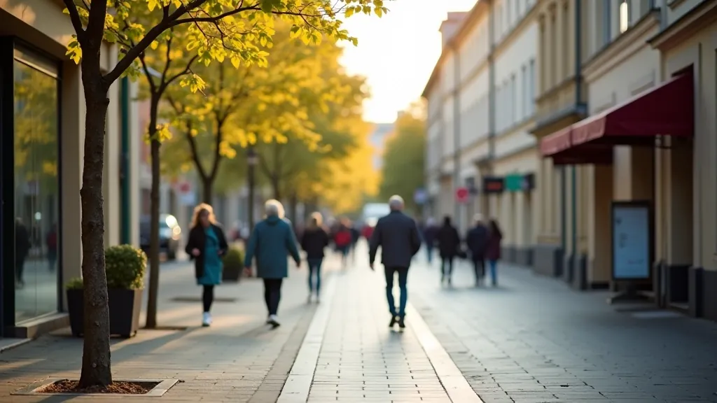 Accessible city street with wide sidewalk and pedestrian-friendly infrastructure