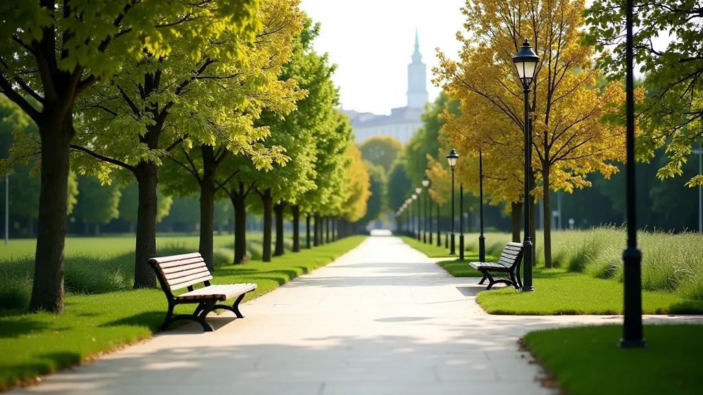 Accessible urban park with wide smooth pathways, street lamps, and comfortable benches in modern city setting