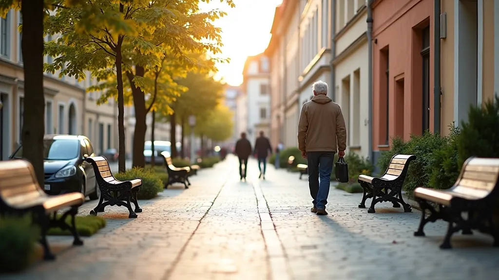 Accessible urban street with benches, paved sidewalk, and historic buildings suitable for seniors