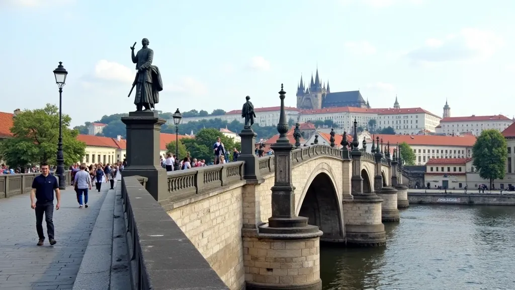 Charles Bridge Prague spanning the Vltava River with Prague Castle in background, tourists walking across