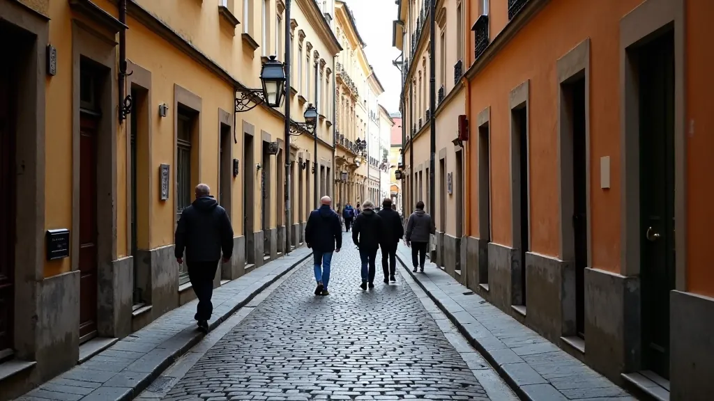 Narrow cobblestone street in Prague's Jewish Quarter with historic buildings and synagogues