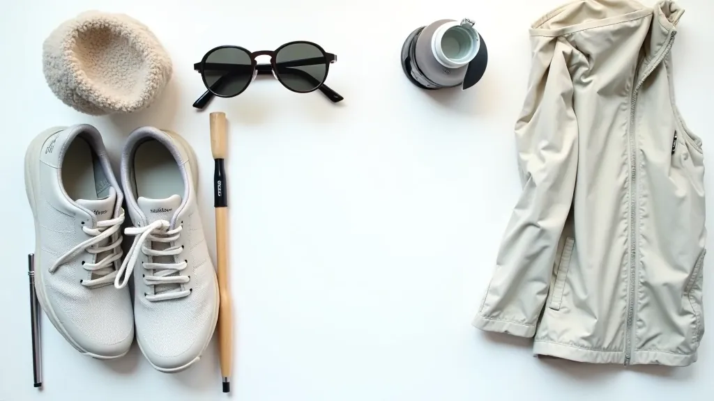 Walking shoes and accessories laid out, including comfortable walking footwear, water bottle, light jacket, and walking pole on neutral background