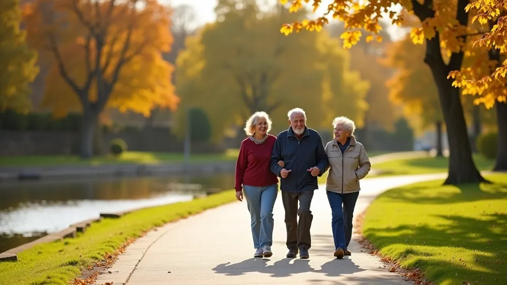 Seniors enjoying a scenic walk along a riverside path in Czech Republic