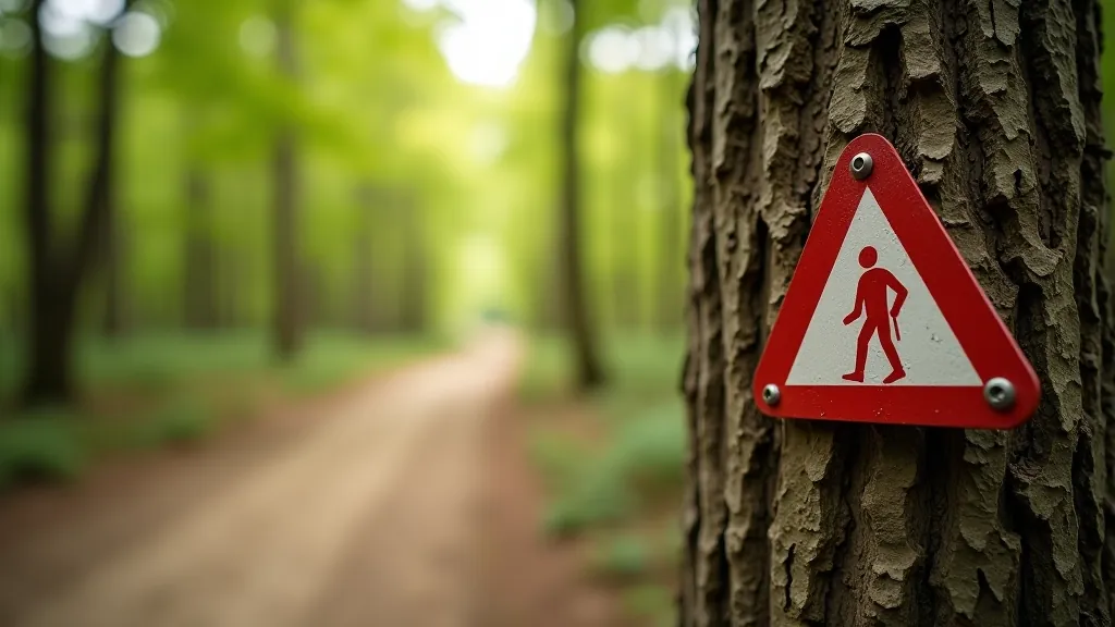 Walking trail marked with red and white blazes on tree trunk, clear path ahead through forest