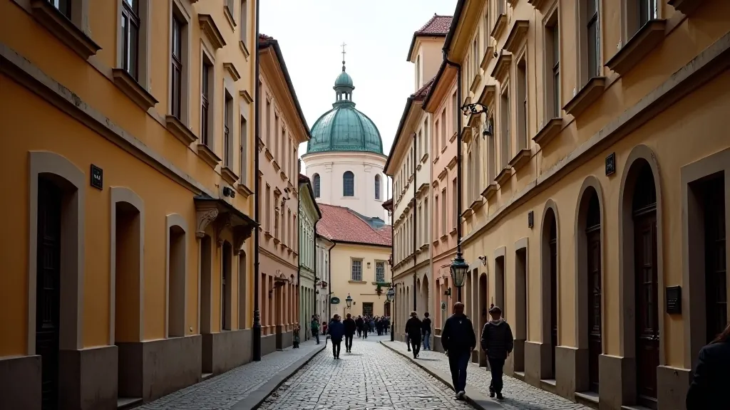 Lesser Town Prague with baroque buildings, narrow streets, and St. Nicholas Church dome visible