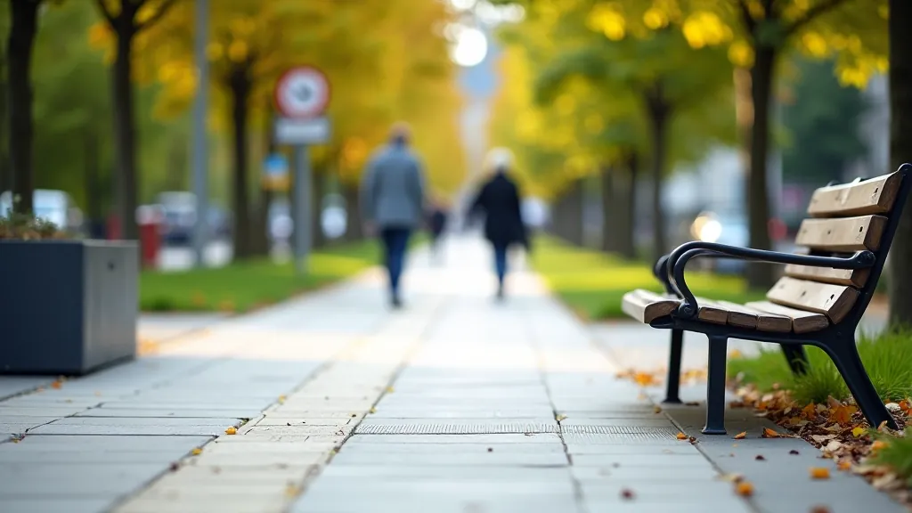 Wide, well-maintained urban sidewalk with smooth surface, clear markings, and accessible curb ramp visible, tree-lined street with benches