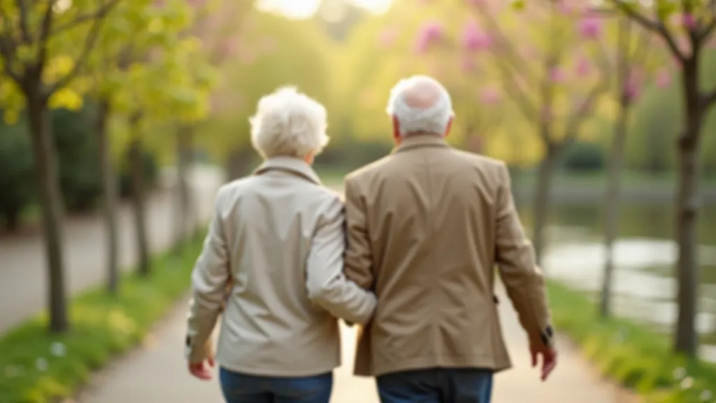 Senior couple walking together on peaceful riverside path with spring trees blooming, calm water beside them