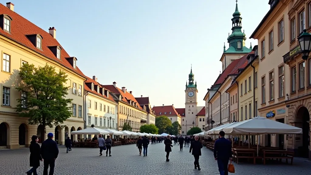 Prague Old Town Square with historic buildings and astronomical clock tower, afternoon light