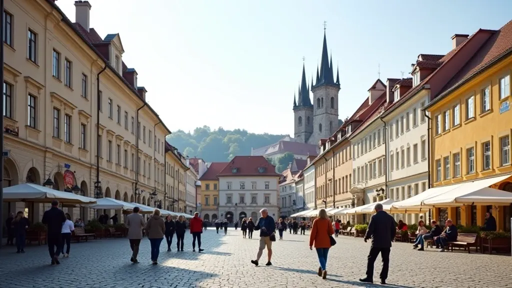 Prague's Old Town Square with historic buildings and church spires