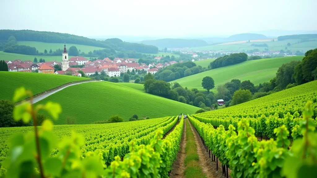 Rolling green vineyards in South Moravia with traditional countryside village in valley below