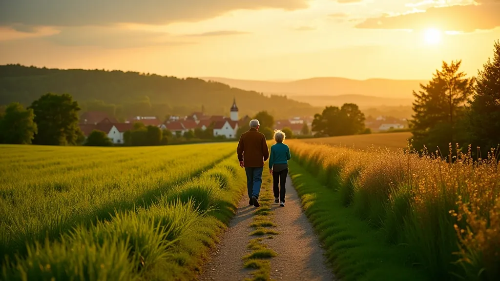 Scenic countryside walking path through South Moravia with traditional Czech village views