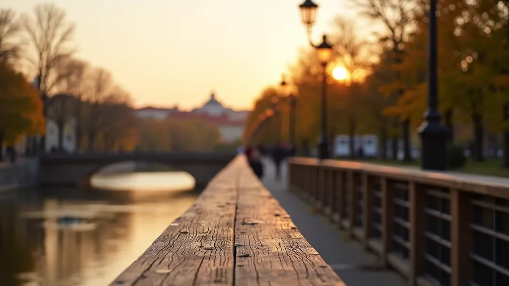 Wooden pathway along Vltava River with ornamental street lamps and historic Prague architecture visible across the water