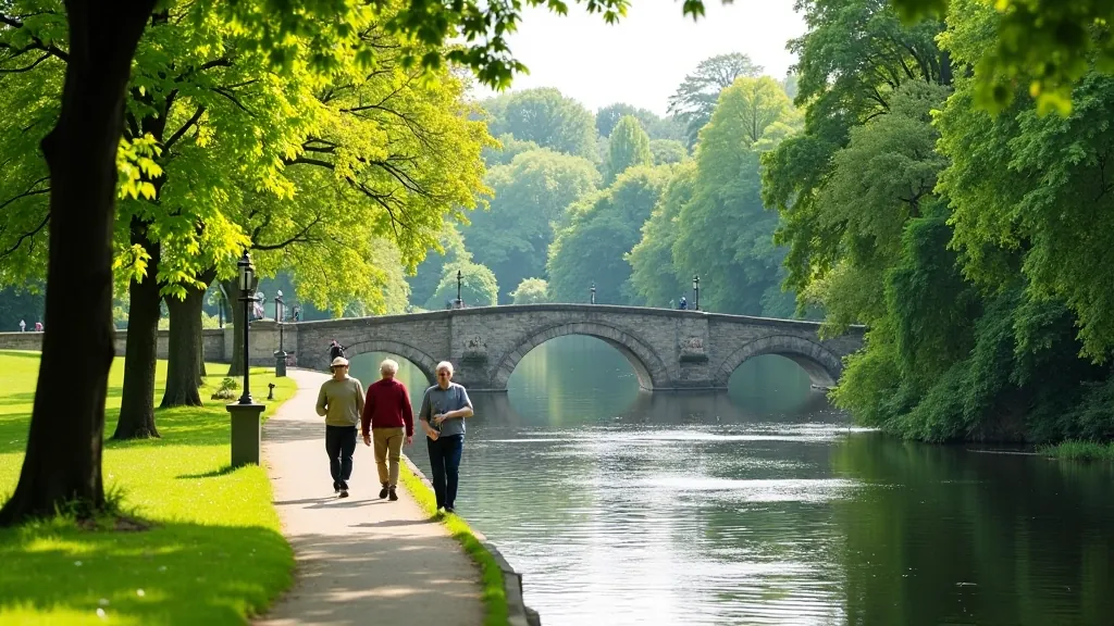 Scenic riverside walk along Vltava River with stone bridge and green parks in background, Prague