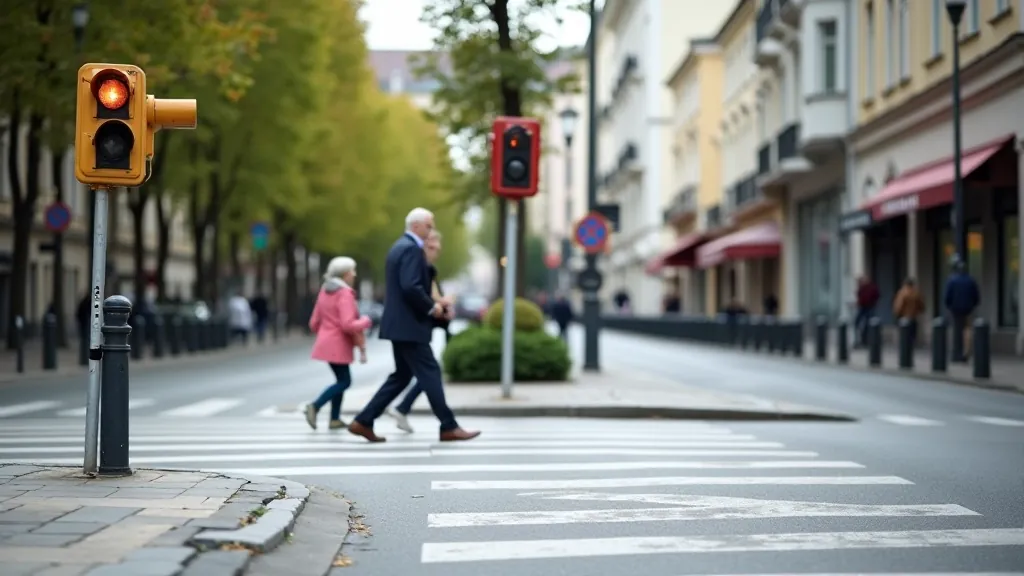 Street intersection with clear pedestrian crossing signals, traffic light for walkers, and smooth transition between sidewalk and crosswalk