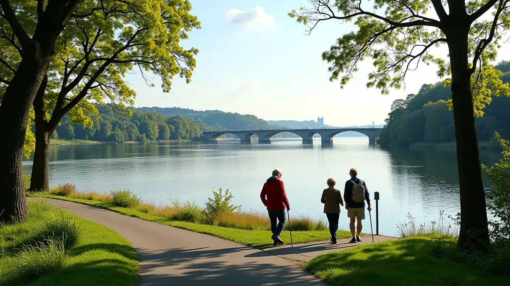 Vltava River with riverside path and scenic water views, Prague bridges in distance